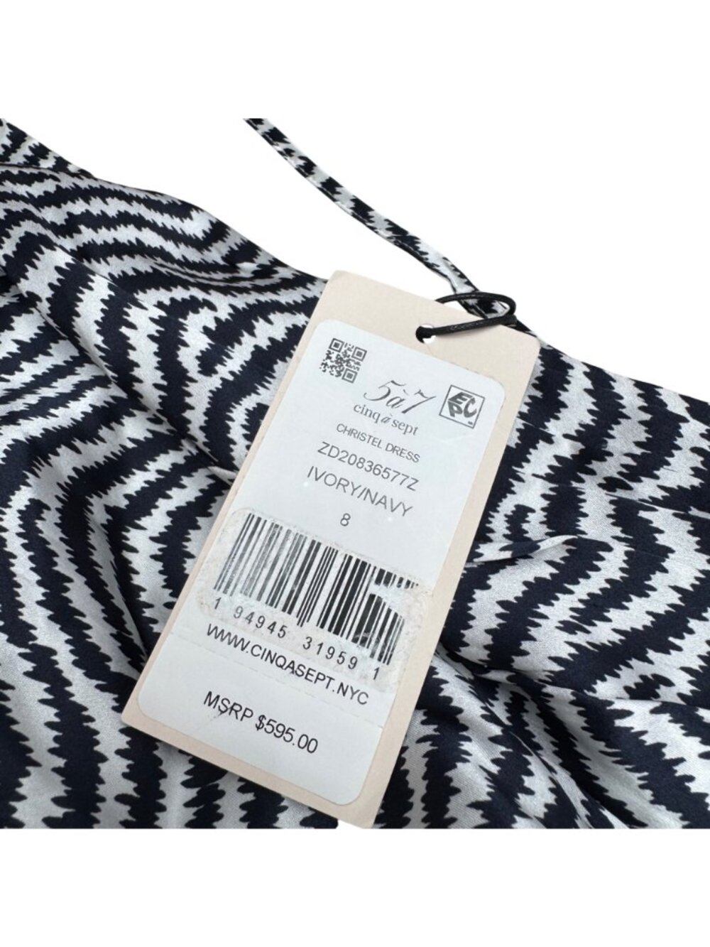 NWT $595 Cinq a Sept Women's Christel 100% Silk Midi Dress Ivory Navy, Size 8 - Picture 6 of 11